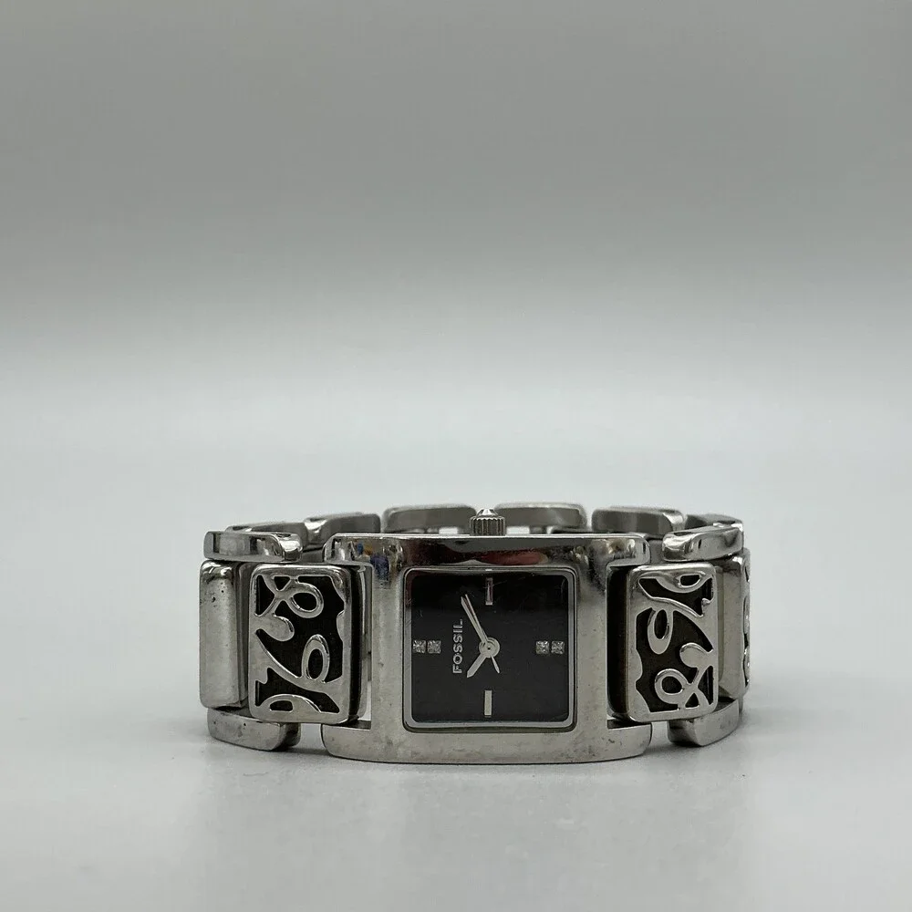 Fossil Womens Watch 21mm Black Dial Stainless Bracelet Wood New Battery 6.25